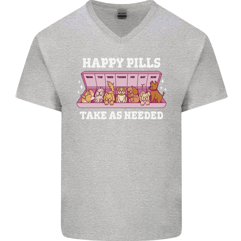 Happy Pills Antidepressants Dogs Mens V-Neck Cotton T-Shirt Sports Grey