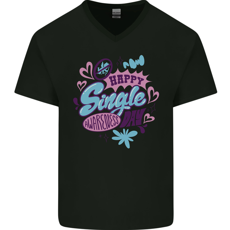 Happy Single Day Anti Valentines Romance Mens V-Neck Cotton T-Shirt Black
