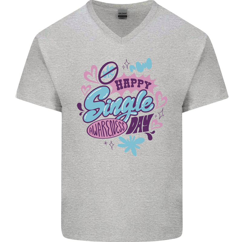 Happy Single Day Anti Valentines Romance Mens V-Neck Cotton T-Shirt Sports Grey