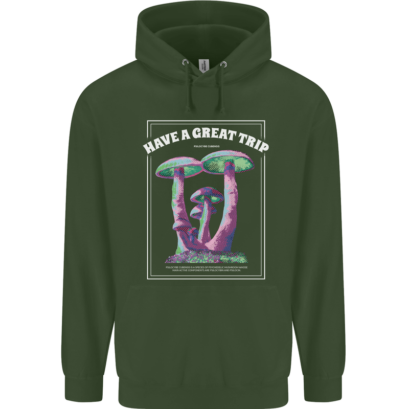 Have a Great Trip Magic Mushrooms LSD Hippy Childrens Kids Hoodie Forest Green
