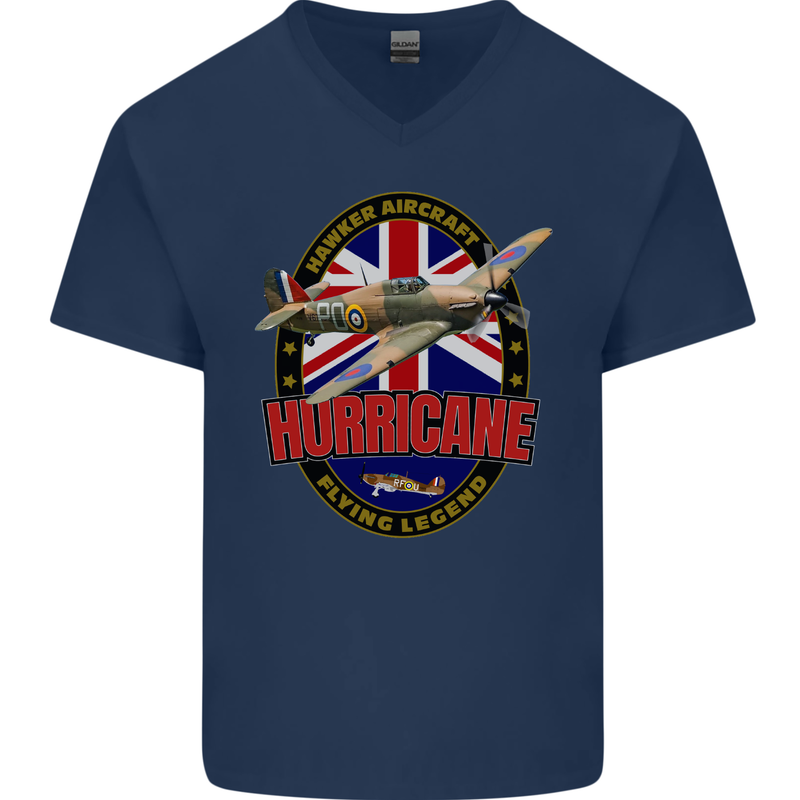 Hawker Hurricane Flying Legend Mens V-Neck Cotton T-Shirt Navy Blue