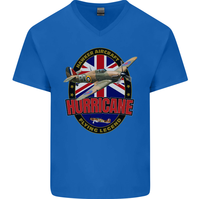 Hawker Hurricane Flying Legend Mens V-Neck Cotton T-Shirt Royal Blue