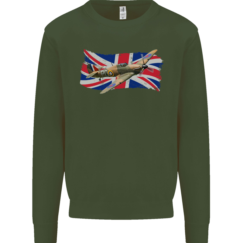 Hawker Hurricane with the Union Jack Kids Sweatshirt Jumper Forest Green