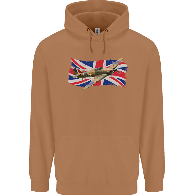 Hawker Hurricane with the Union Jack Mens 80% Cotton Hoodie Caramel Latte