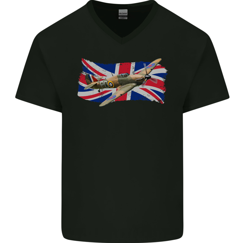 Hawker Hurricane with the Union Jack Mens V-Neck Cotton T-Shirt Black