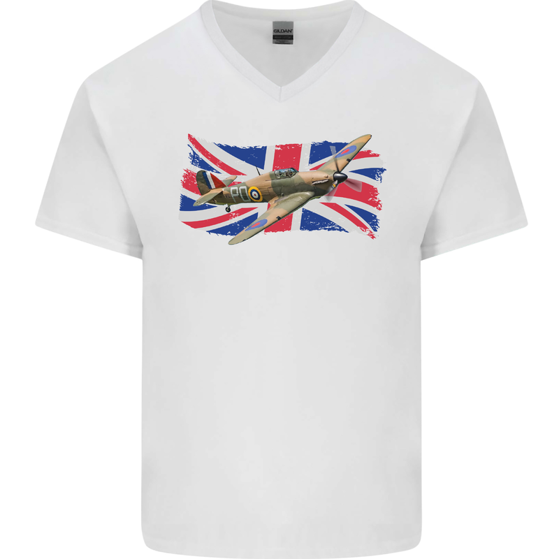 Hawker Hurricane with the Union Jack Mens V-Neck Cotton T-Shirt White