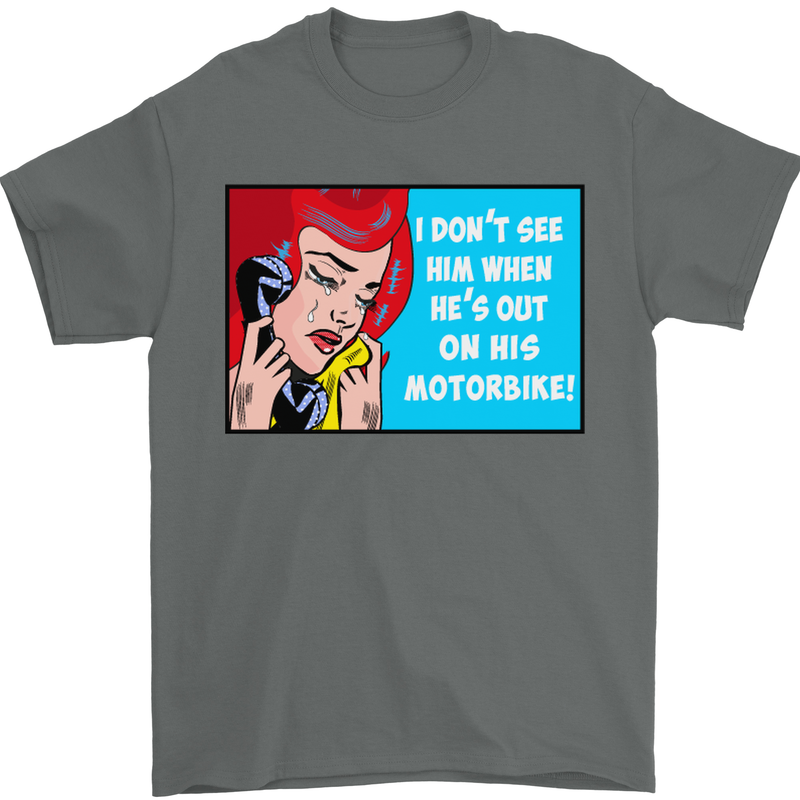 He's out on His Motorbike Biker Motorcycle Mens T-Shirt Cotton Gildan Charcoal