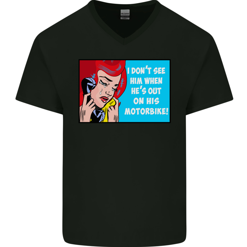 He's out on His Motorbike Biker Motorcycle Mens V-Neck Cotton T-Shirt Black