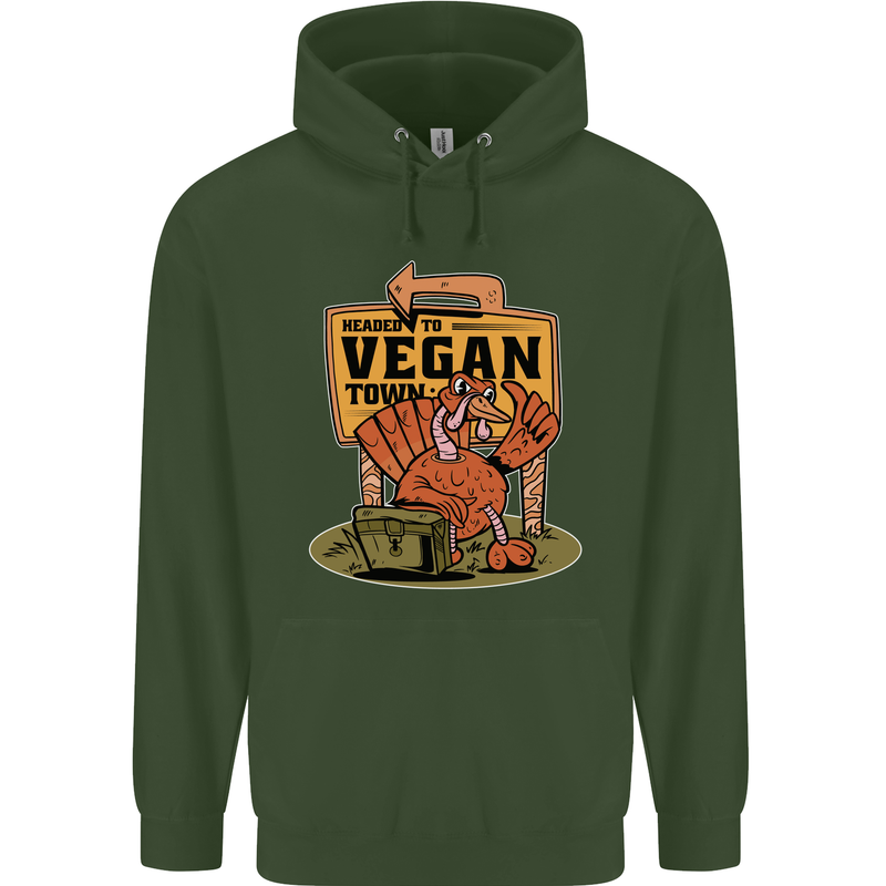 Heading to Vegan Town Funny Turkey Childrens Kids Hoodie Forest Green