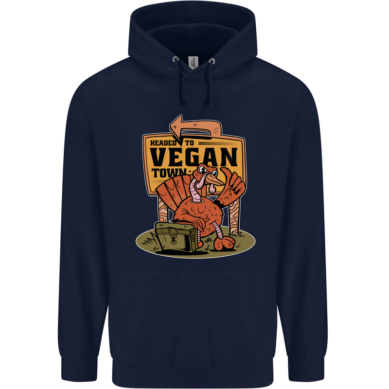 Heading to Vegan Town Funny Turkey Childrens Kids Hoodie Navy Blue