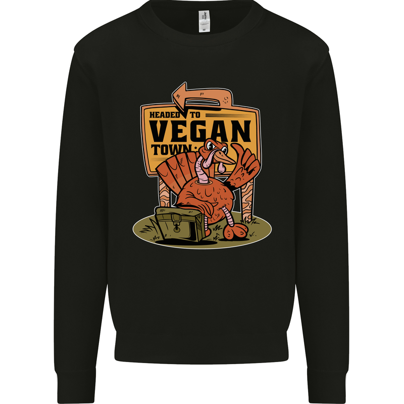 Heading to Vegan Town Funny Turkey Kids Sweatshirt Jumper Black