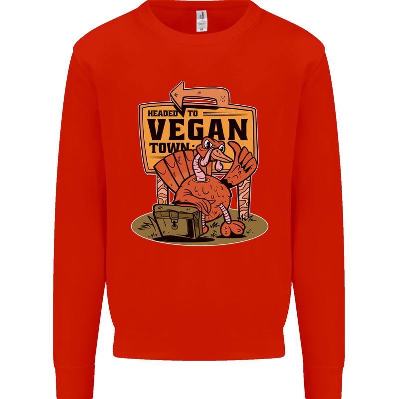 Heading to Vegan Town Funny Turkey Kids Sweatshirt Jumper Bright Red