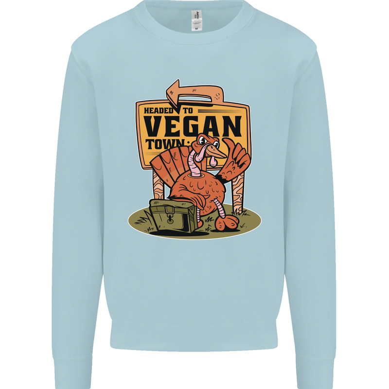 Heading to Vegan Town Funny Turkey Kids Sweatshirt Jumper Light Blue