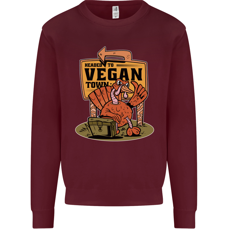 Heading to Vegan Town Funny Turkey Kids Sweatshirt Jumper Maroon