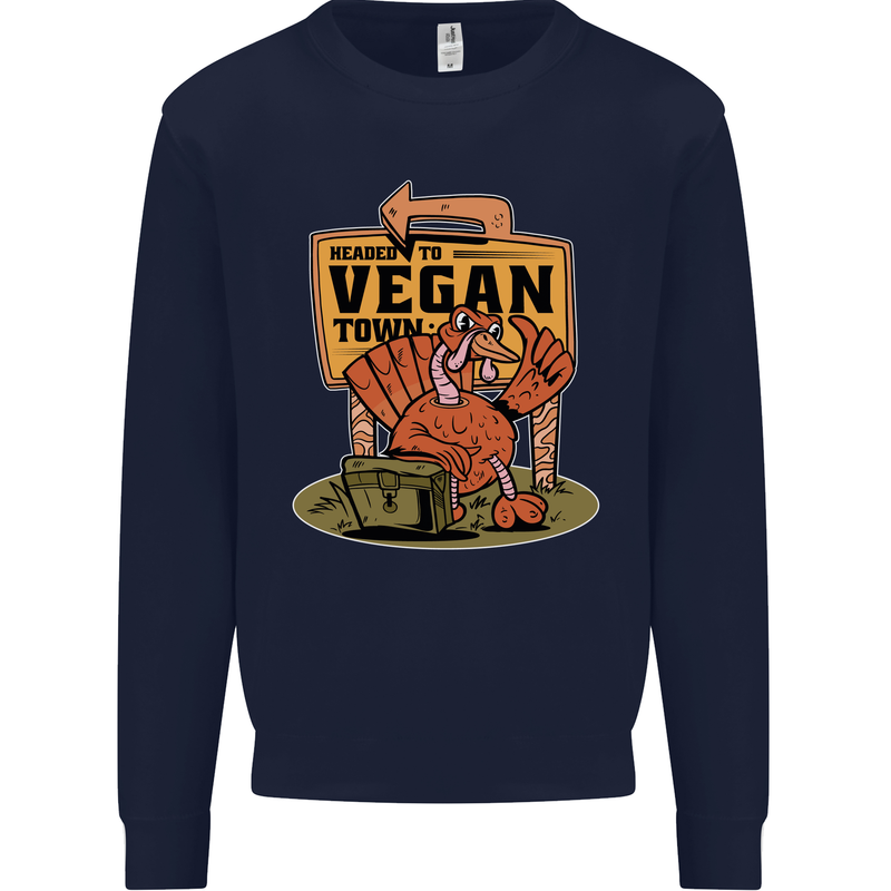 Heading to Vegan Town Funny Turkey Kids Sweatshirt Jumper Navy Blue