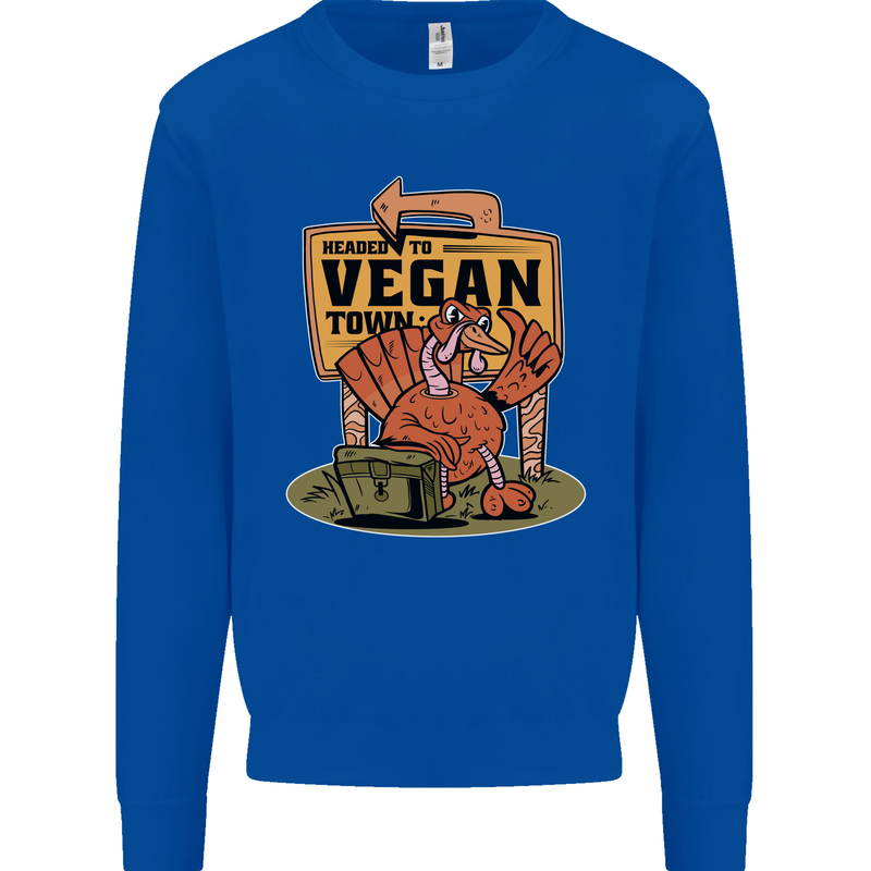 Heading to Vegan Town Funny Turkey Kids Sweatshirt Jumper Royal Blue