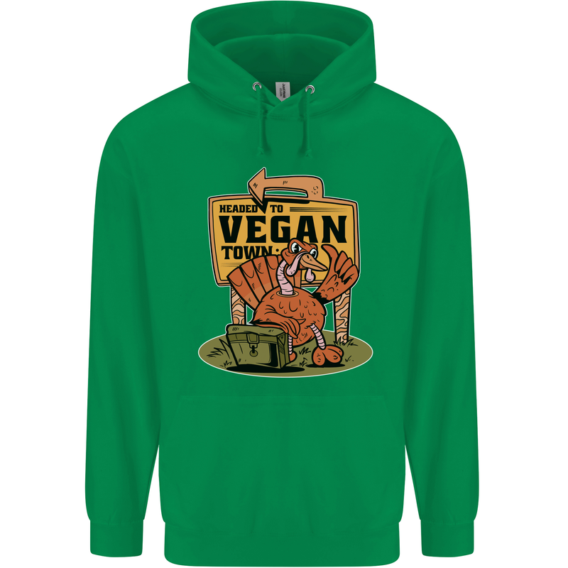 Heading to Vegan Town Funny Turkey Mens 80% Cotton Hoodie Irish Green