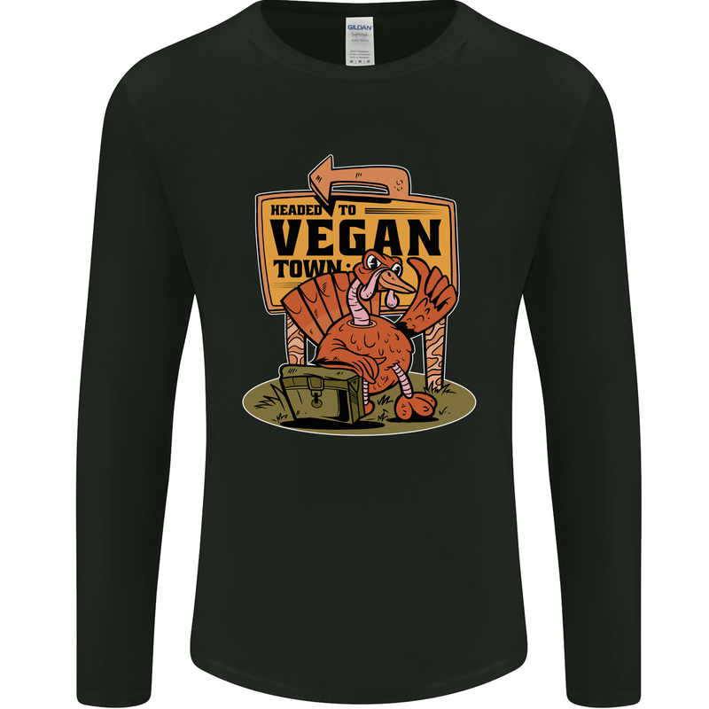 Heading to Vegan Town Funny Turkey Mens Long Sleeve T-Shirt Black