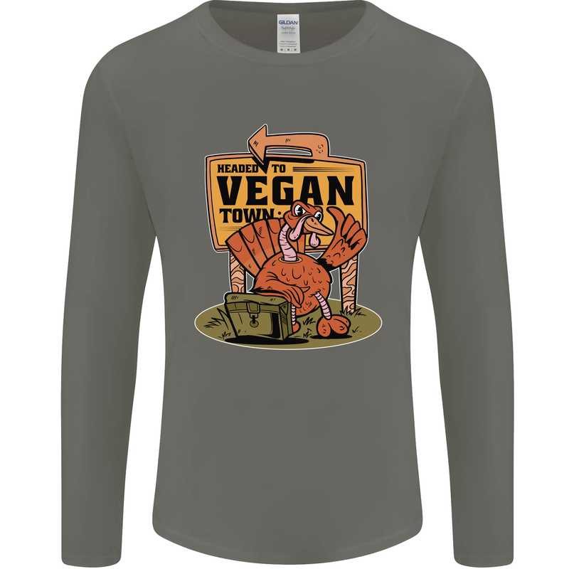 Heading to Vegan Town Funny Turkey Mens Long Sleeve T-Shirt Charcoal