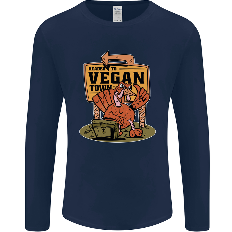 Heading to Vegan Town Funny Turkey Mens Long Sleeve T-Shirt Navy Blue