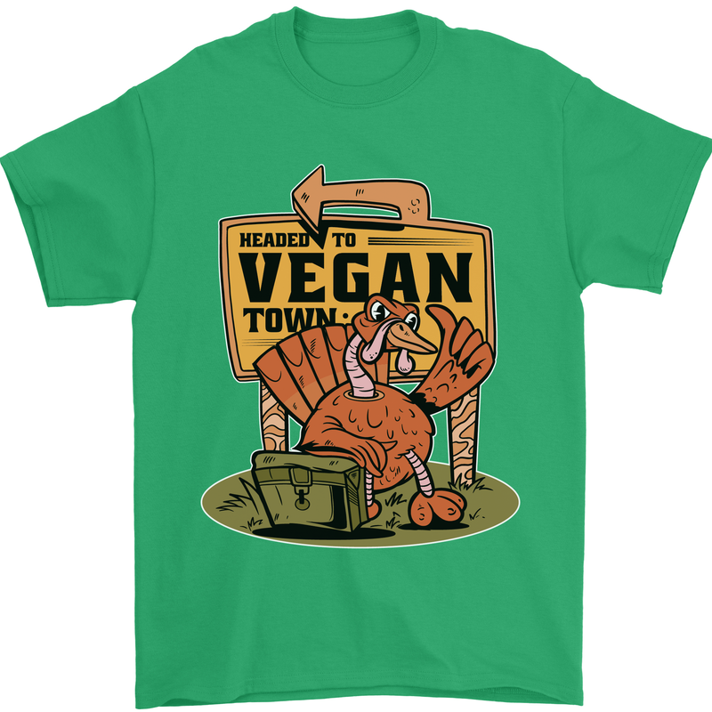 Heading to Vegan Town Funny Turkey Mens T-Shirt 100% Cotton Irish Green