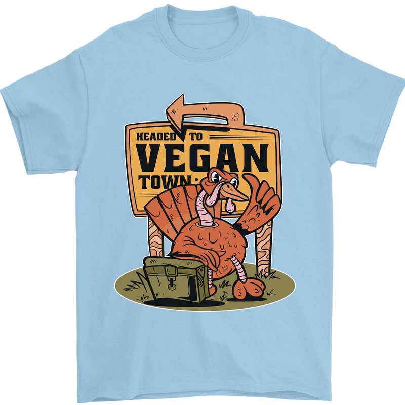 Heading to Vegan Town Funny Turkey Mens T-Shirt 100% Cotton Light Blue