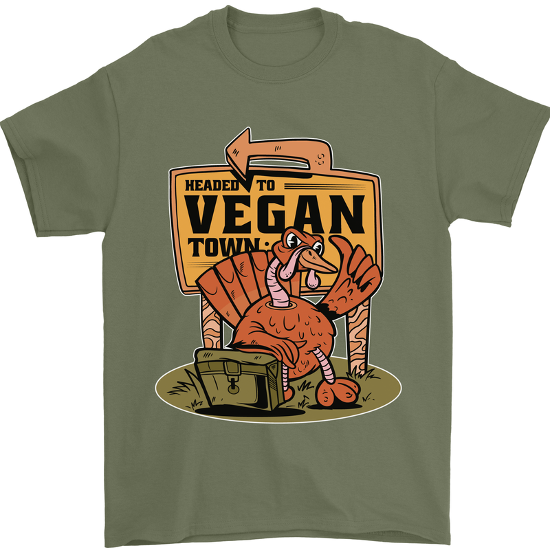 Heading to Vegan Town Funny Turkey Mens T-Shirt 100% Cotton Military Green