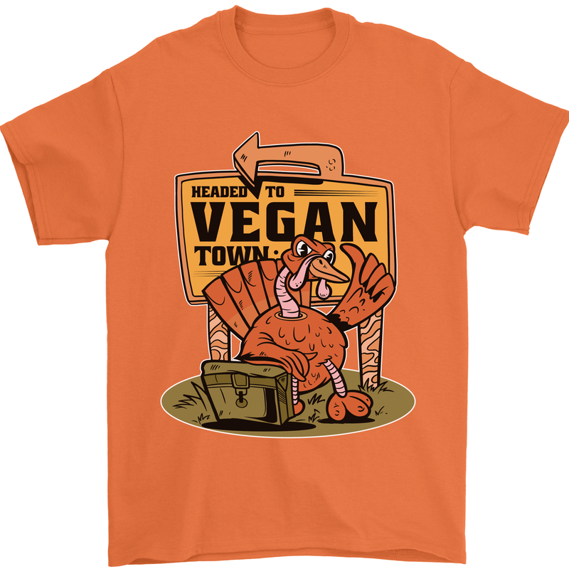 Heading to Vegan Town Funny Turkey Mens T-Shirt 100% Cotton Orange