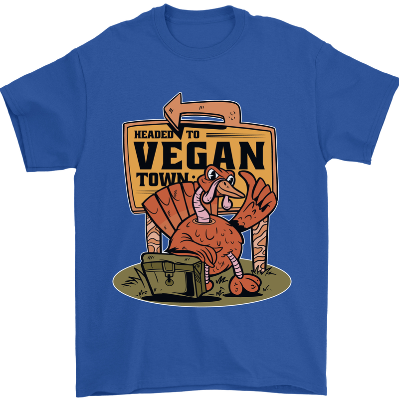 Heading to Vegan Town Funny Turkey Mens T-Shirt 100% Cotton Royal Blue