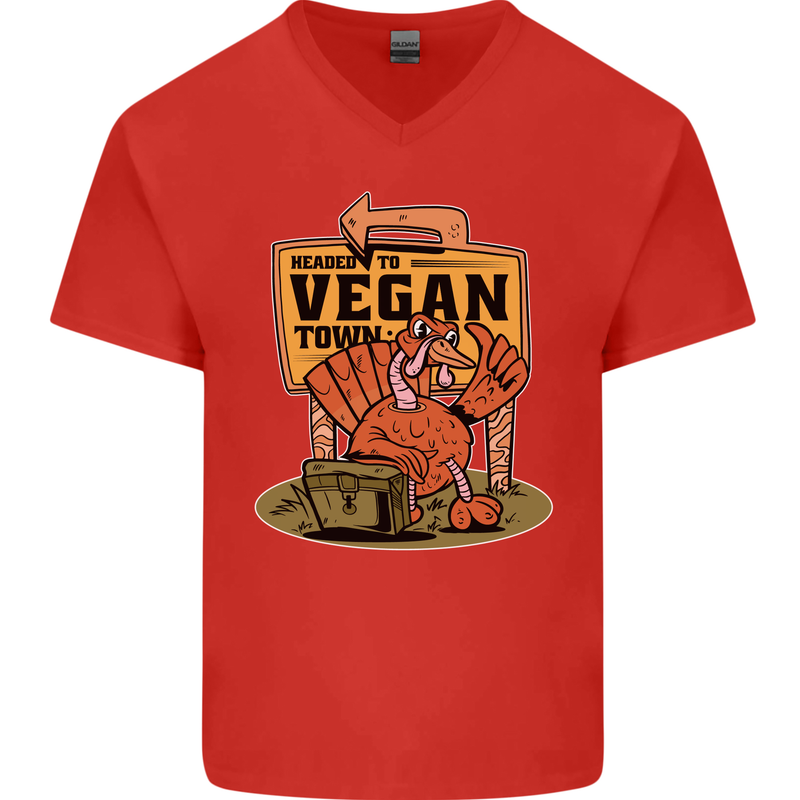 Heading to Vegan Town Funny Turkey Mens V-Neck Cotton T-Shirt Red