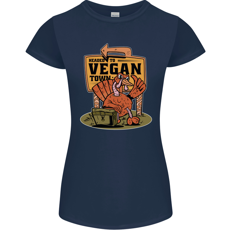 Heading to Vegan Town Funny Turkey Womens Petite Cut T-Shirt Navy Blue