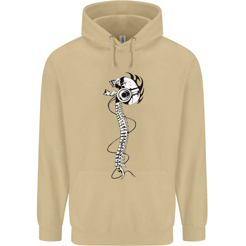 Headphone Wearing Skull Spine Mens 80% Cotton Hoodie Sand