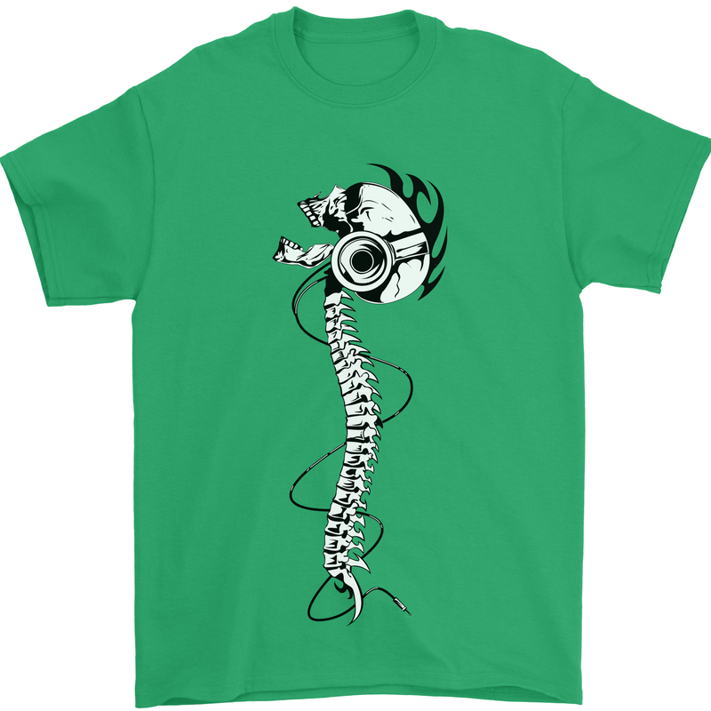 Headphone Wearing Skull Spine Mens T-Shirt Cotton Gildan Irish Green