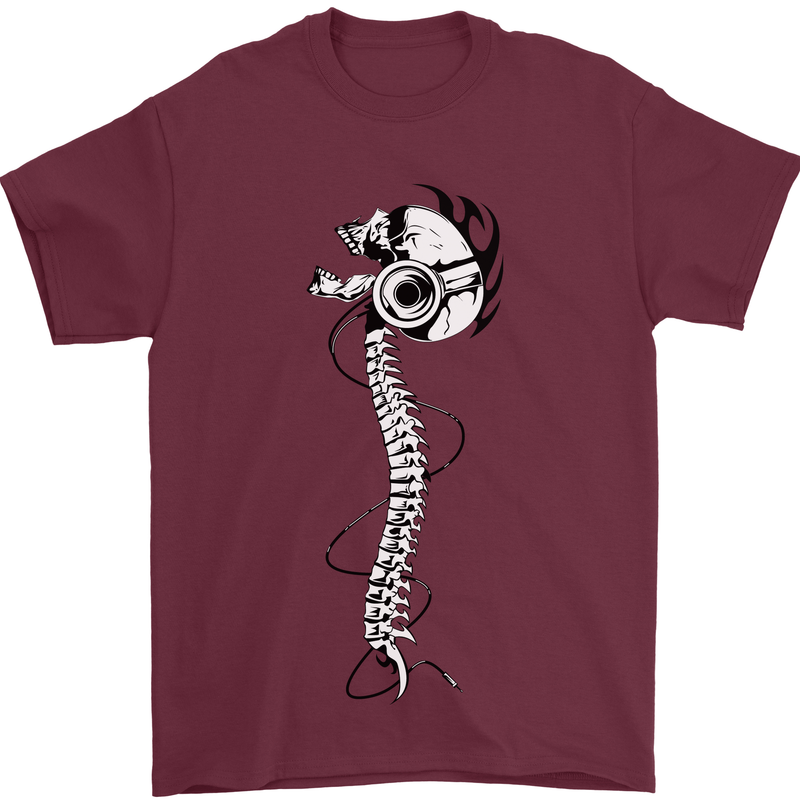 Headphone Wearing Skull Spine Mens T-Shirt Cotton Gildan Maroon