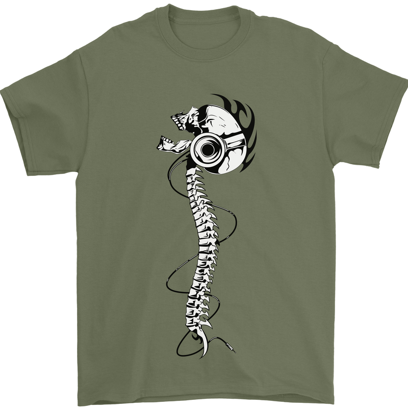 Headphone Wearing Skull Spine Mens T-Shirt Cotton Gildan Military Green