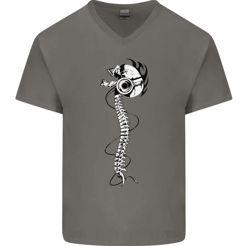 Headphone Wearing Skull Spine Mens V-Neck Cotton T-Shirt Charcoal