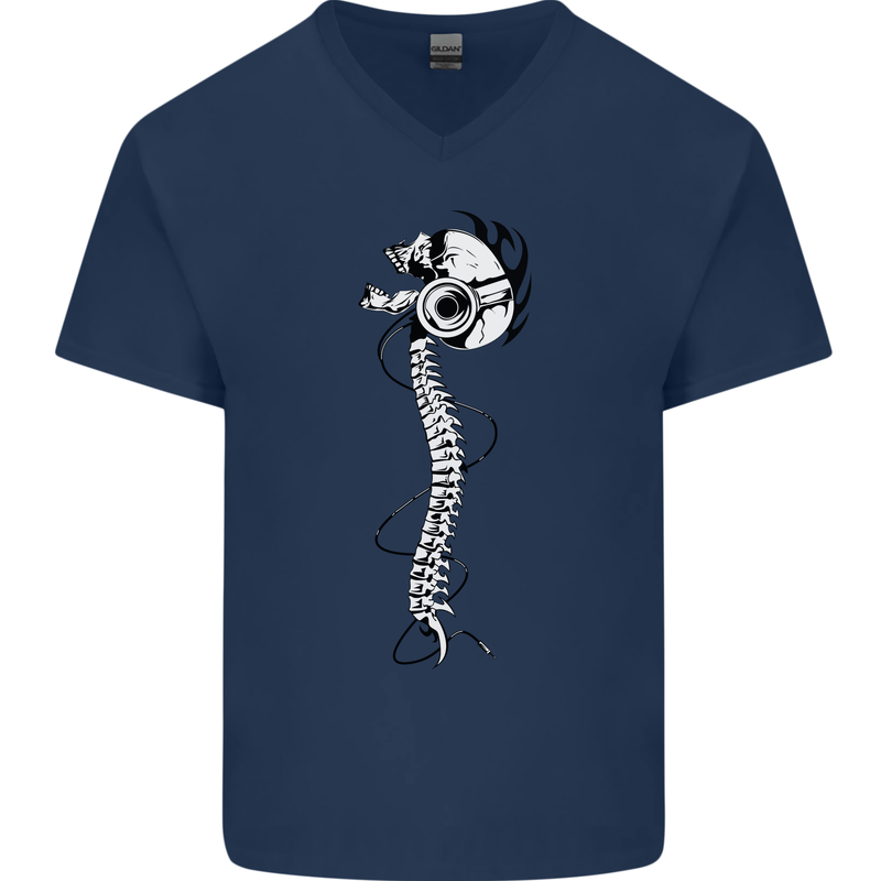 Headphone Wearing Skull Spine Mens V-Neck Cotton T-Shirt Navy Blue