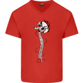 Headphone Wearing Skull Spine Mens V-Neck Cotton T-Shirt Red