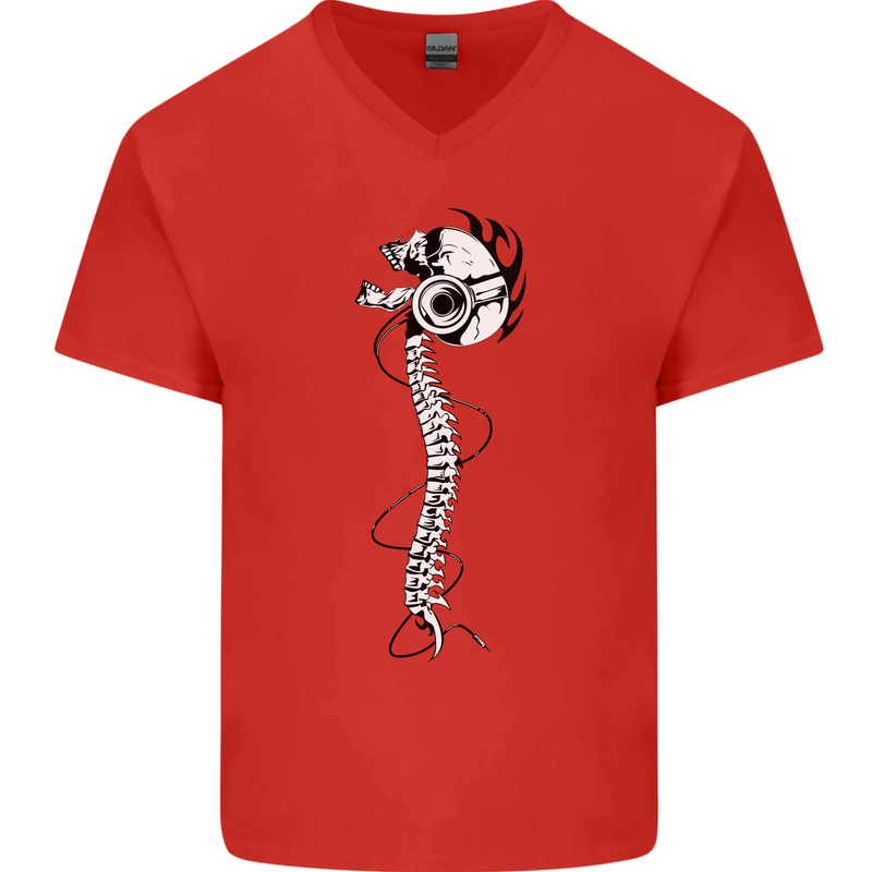 Headphone Wearing Skull Spine Mens V-Neck Cotton T-Shirt Red