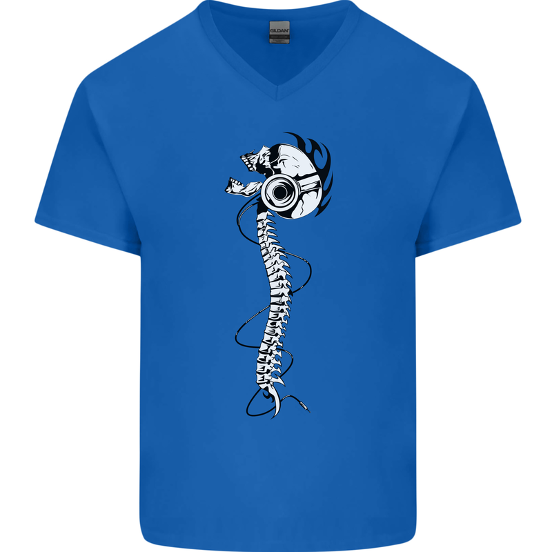 Headphone Wearing Skull Spine Mens V-Neck Cotton T-Shirt Royal Blue