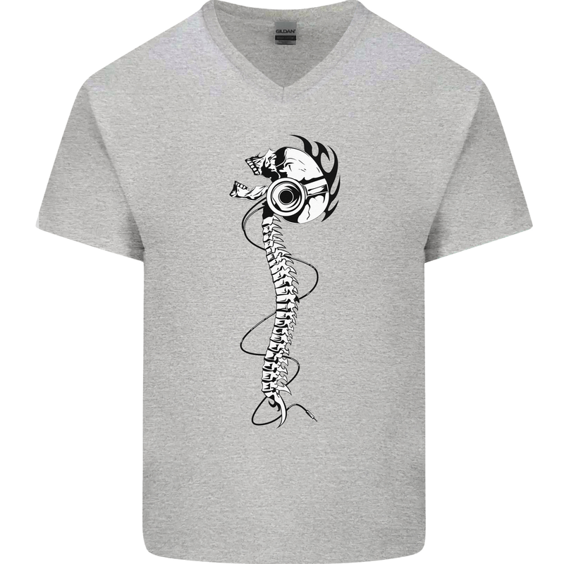 Headphone Wearing Skull Spine Mens V-Neck Cotton T-Shirt Sports Grey