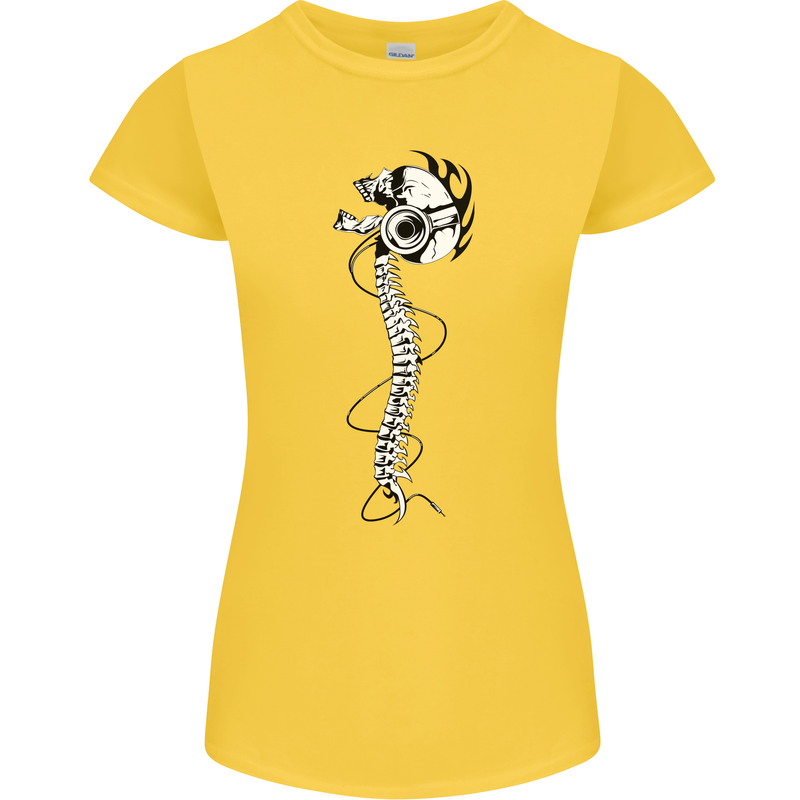 Headphone Wearing Skull Spine Womens Petite Cut T-Shirt Yellow