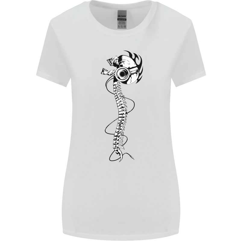 Headphone Wearing Skull Spine Womens Wider Cut T-Shirt White