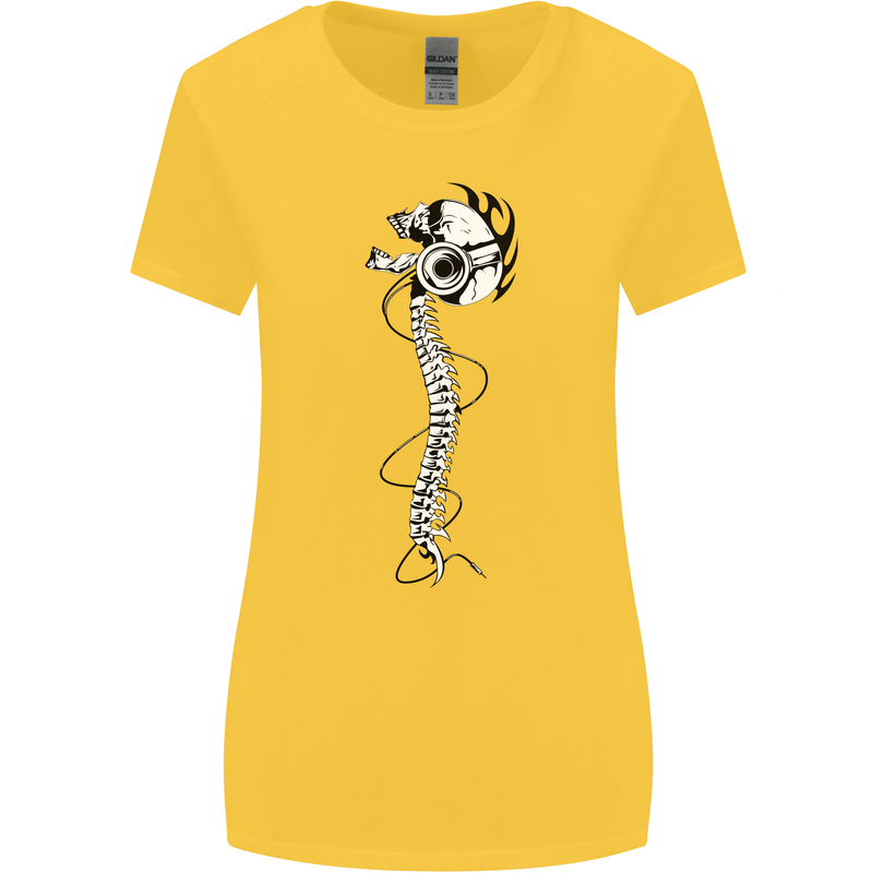 Headphone Wearing Skull Spine Womens Wider Cut T-Shirt Yellow