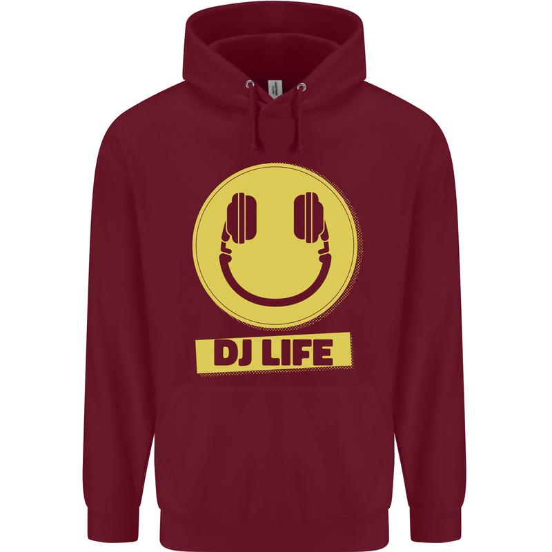 Headphones DJ Life Acid Face Vinyl Decks Childrens Kids Hoodie Maroon