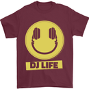 Headphones DJ Life Acid Face Vinyl Decks Mens T-Shirt Cotton Gildan Maroon