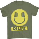 Headphones DJ Life Acid Face Vinyl Decks Mens T-Shirt Cotton Gildan Military Green