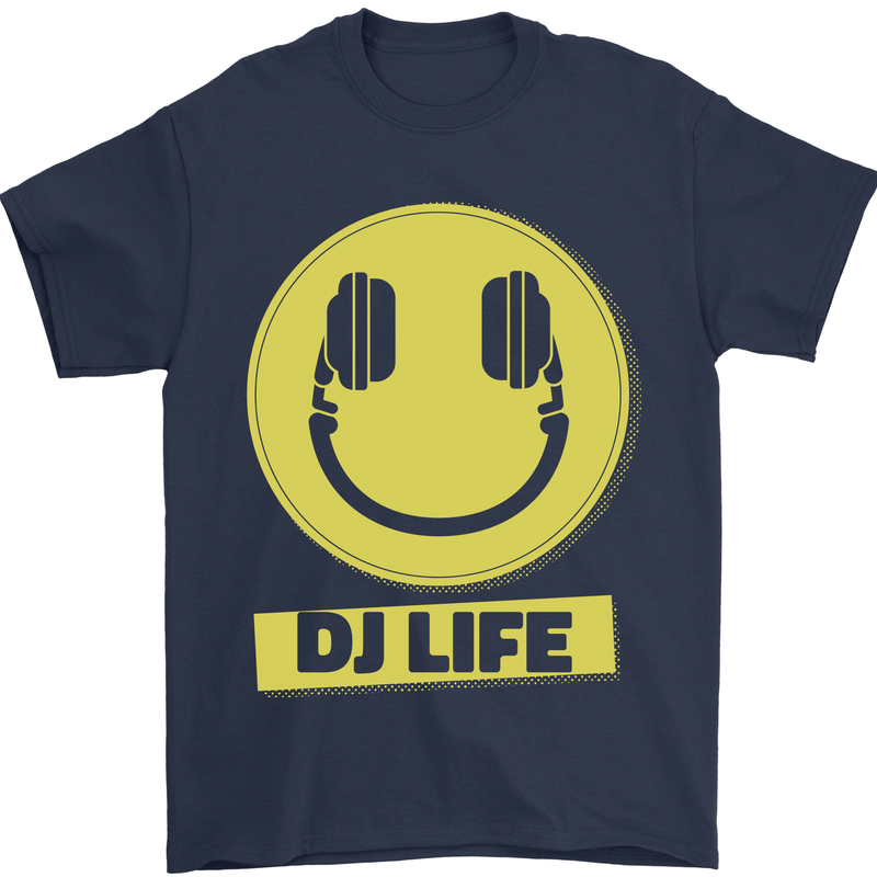 Headphones DJ Life Acid Face Vinyl Decks Mens T-Shirt Cotton Gildan Navy Blue