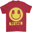 Headphones DJ Life Acid Face Vinyl Decks Mens T-Shirt Cotton Gildan Red