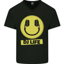 Headphones DJ Life Acid Face Vinyl Decks Mens V-Neck Cotton T-Shirt Black